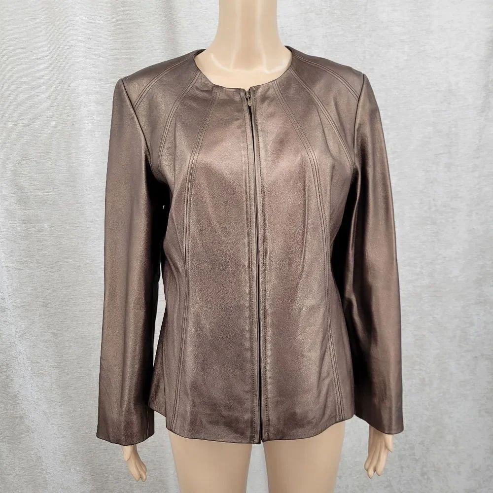 Preston & York Y2K Metallic Bronze Brown Lambskin Leather Women's Moto Jacket